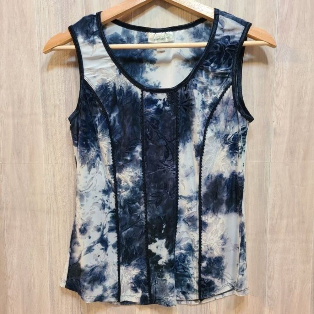 Dressbarn Women Blue Floral Sleeveless Blouse Medium Stretch Tank Lightweight